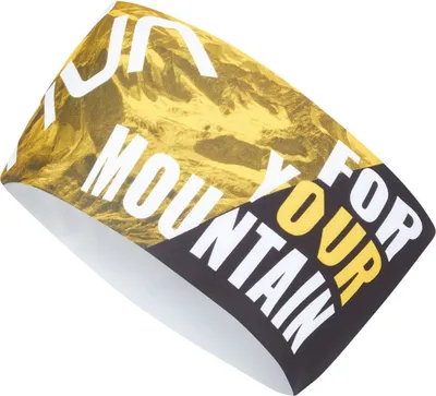 Stirnband "Promo Headband" von La Sportiva in Gelb und Schwarz mit dem Text "RUN FOR YOUR MOUNTAIN".