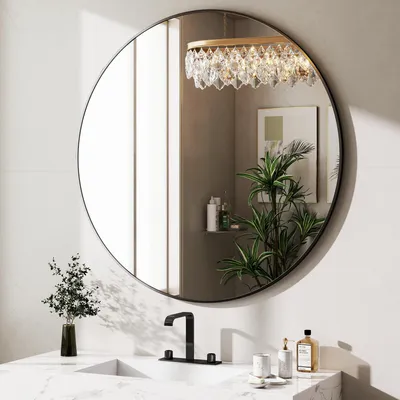 Produktbild von Koonmi runder Wandspiegel 40 cm, Aluminiumrahmen, Schwarz, Bad und Schminkspiegel zur Wandmontage für Badezimmer,  Schlafzimmer und Eingangsbereich