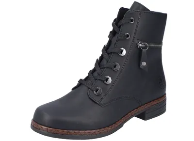 A black lace-up boot with a side zipper.