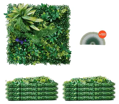 Zdjęcie produktu dla Sztuczna zielona ściana VEVOR, 8 sztuk, 500x500x50 mm, połączenie 3D zielonych paneli bukszpanowych, zielonej dekoracji i bluszczu pokrywającego ogrodzenie