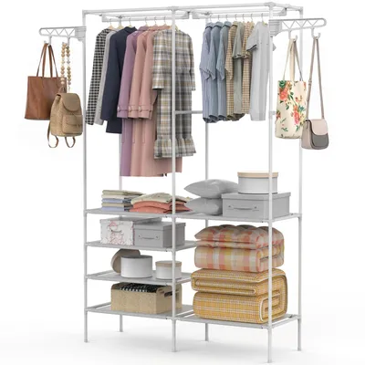 Produktbild von Verdego Kleiderschrankregal Zweireihig, Verstärkt, Stoffschrank mit 2 Kleiderstangen, Garderobenregal, 102 x 32 x 170 cm, Weiß