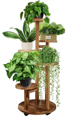 Produktbild von Pflanzenständer 5-stöckig aus Holz für Innen und Außen - Eckdisplay für Pflanzen - Mehrstöckige Pflanzenhalterung für Wohnzimmer, Balkon, Garte