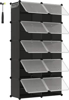 Produktbild von Schuhregal - Schuhschrank - 10 Fächer - 30×40×30 cm Je Fach - Schmal - Mit Türen - Stahlrahmen & Kunststoff - Weiß
