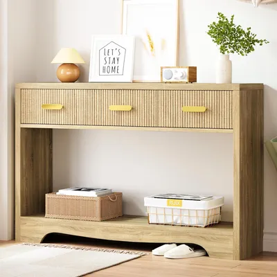 Immagine prodotto di Tavolino consolle stretto in legno con 3 cassetti e ripiano aperto, dimensioni 120 x 30 x 80 cm, colore naturale