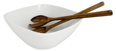 Zdjęcie produktu dla Zestaw - ceramiczna miska do serwowania z przyborami do sałatek - 26 cm, biała