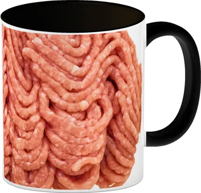 Produktbild von Kaffeebecher Henkel und Innenseite Schwarz mit Hackfleisch Motiv