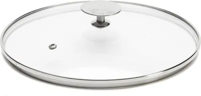 Zdjęcie produktu dla Pokrywka szklana DeBuyer Milady 28 cm wykonana ze stali nierdzewnej, odporna na temperaturę do 200°C, odpowiednia do rondli DeBuyer