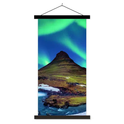 Produktbild von MuchoWow® Textilposter Nordlicht - Sternenhimmel - Island - Berg - Grün - Wasserfall - See 60x120 cm mit schwarzem Rahmen - Magnete