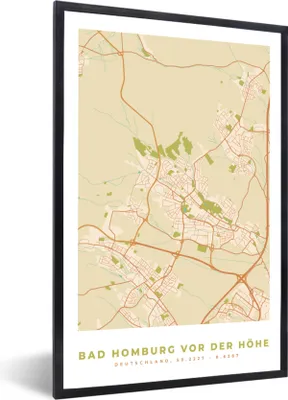 Produktbild von MuchoWow® Gerahmtes Poster Karte - Stadtplan - Bad Homburg vor der Höhe - Karte - Vintage 20x30 cm - Poster mit Schwarzem Bilderrahmen Wandposter Rahmen Foto Bilder - Drucken - Bilder Poster im Rahmen