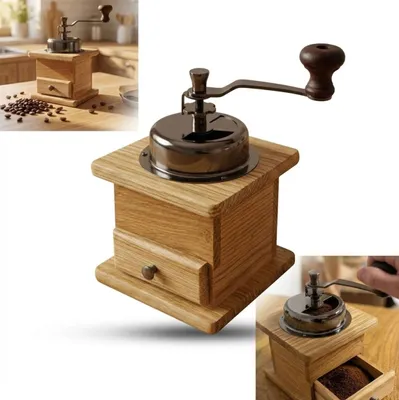 Produktbild von Klassische Handmühle Aus Eiche Für Pfeffer Und Kaffee Im Retro-Stil Mit Schublade Und Einstellung