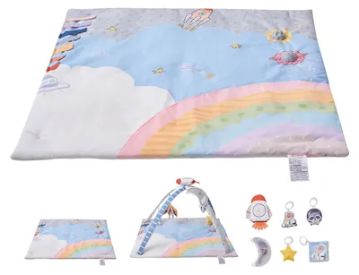 Obrázek produktu pro Hrací podložka SucceBuy 89 x 89 x 48 cm, podložka s 6 smyslovými hračkami a svítící hudební hračkou ve tvaru rakety, vhodná pro děti ve věku 0–18 měsíců k podpoře smyslových a motorických schopností
