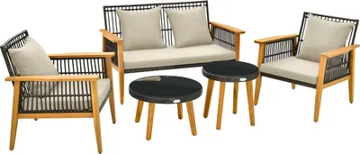 A set of outdoor furniture including a loveseat, two chairs, and two coffee tables, all with beige cushions and wooden frames with black rattan detailing, displayed on a white background.