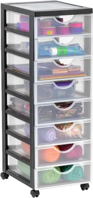 Immagine prodotto di Contenitore portaoggetti con cassetti - Organizer in plastica - Per l'organizzazione della casa - Con ruote - 8 cassetti, capacità 7 litri ciascuno - Colore: nero