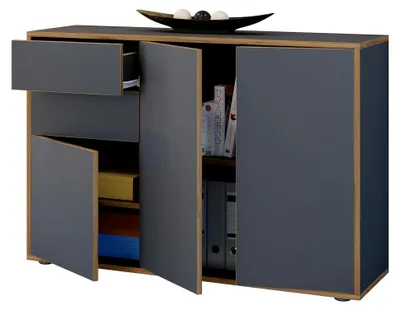 Produktbild von Holzkommode | Sideboard mit Drehtüren und Schubladen | Büromöbel | Maße ca. H. 74 x B. 110 x T. 32 cm - Salia Anthrazit