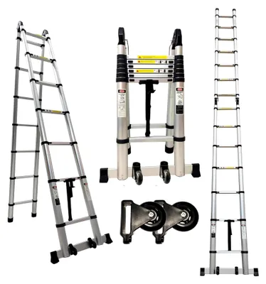 Produktbild von Aluminium Teleskopleiter 5,8 m mit Rad, 2-in-1 Klappleiter und Stehleiter, Haushaltsleiter mit 150 kg Tragfähigkeit