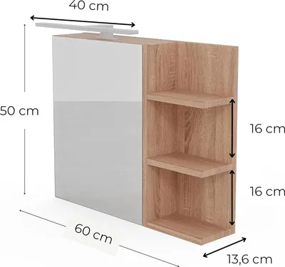 Obrázek produktu pro Koupelnová skříňka dub sonoma se zrcadlem a LED osvětlením 60x50 cm závěsná zrcadlová skříňka 1 dveře bezúchytové otevírání police vpravo