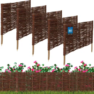 Multiple woven willow garden fences are displayed against a white background, with a lower section showing fences with flowers and grass.
