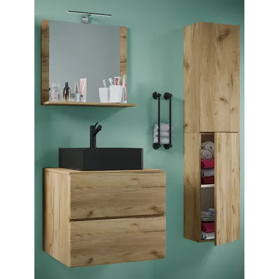 Produktbild von VCM 4-tlg. Waschplatz Waschtisch | schwarzes Waschbecken Unterschrank Breite 60 cm |  Badmöbel Set mit Schubladen Drehtüren Spiegel | Lendas S BL