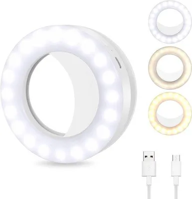 Produktbild von LED-Selfie-Licht für Smartphone, Tablet und Laptop, 3-Farben-Temperatur, oplaadbaar, ringförmig, universell einsetzbar