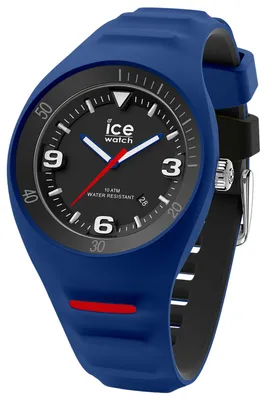 A close-up studio shot of a blue Ice-Watch analog watch with a black face.