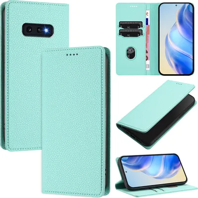 Produktbild von Litchi Leder Handyhülle für Samsung Galaxy S10E Wallet Kartenfächer Standfunktion Hülle Türkis