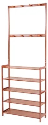 Obrázek produktu pro Bambusová botníková – stojan do předsíně – 5 úrovní – úložný prostor na boty s 8 háčky – 69,5 x 25,5 x 184,5 cm – hnědá
