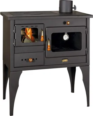 A black wood-burning stove with an oven and a thermometer on the oven door.