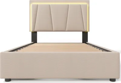 Produktbild von Flieks Polsterbett 90x200cm mit 2 Schubladen, Jugendbett Einzelbett mit Lattenrost, Stauraumbett Holzbett mit LED, Leinen, Beige