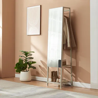 Zdjęcie produktu dla Lustro garderobiane 2 w 1 „Klilbojle” Lustro pełnopostaciowe z drążkiem na ubrania i 2 półkami Metal 160 x 40 x 35 cm Kolor piaskowy