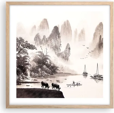 Produktbild von Gerahmtes Poster - Rahmen in heller Eiche - Chinesisch Landschaft Aquarell - 50x50 cm - Wand Bild - Wanddeko - Wandbilder - Wandposter - Bilderrahmen - Bilder - Kunstdruck - Wandbild - P2NAC50x50-4265