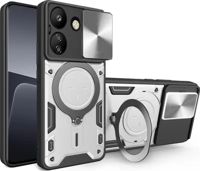 Obrázek produktu pro Pouzdro pro Xiaomi Redmi 13C dvojvrstvé odolné pouzdro s ochranným krytem kamery a kruhovým stojánkem na prsten Stříbro