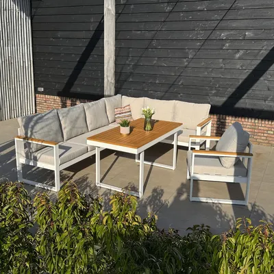Produktbild von Gartenlounge Cube Essgruppe Weiß Ecksofa verstellbar Aluminium/Holz – 22380W