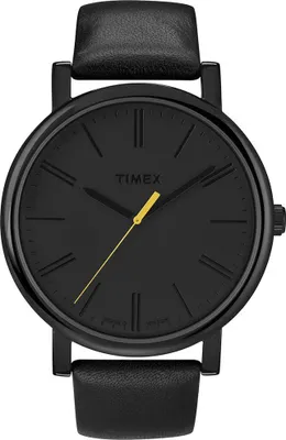 A close-up, front-facing studio shot of a black Timex watch with a black leather strap.