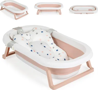 Produktbild von Moni Babybadewanne Palma faltbar 3-teilig Badekissen Schwamm Ablaufloch Stöpsel rosa