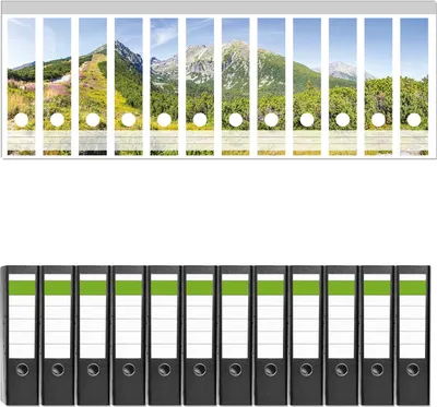 Produktbild von Wallario 12 Stück breite Ordner inkl. Klebeetiketten mit Motive Berggipfel in der Tatra -  Set mit Rückenschildern / Ordnerrücken Stickern