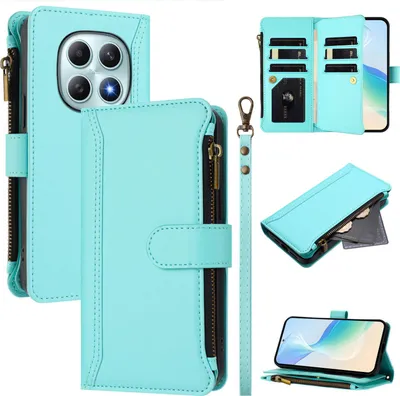 Image de Etui pour Xiaomi Redmi Note 15, zippé, étui portefeuille en cuirPolyuréthaneavec pochettes pour cartes, support et dragonne vert menthe