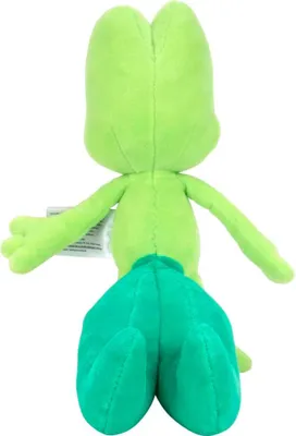 The back view of a green plush toy.