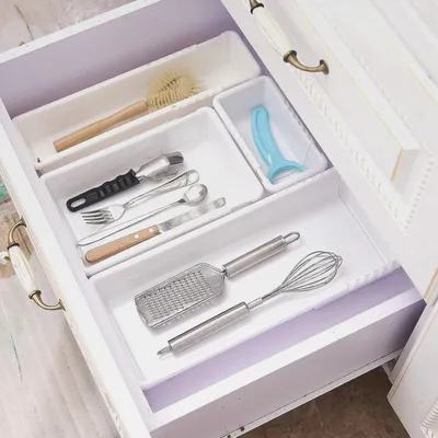 Produktbild von 5 Stücke Schubladen Organizer mit 3 Größen Schminktisch Organizer Kunststoff Schubladeneinsatz Schubladen Ordnungssystem für Kosmetik,Schmuck, Schminktisch,Badezimmer