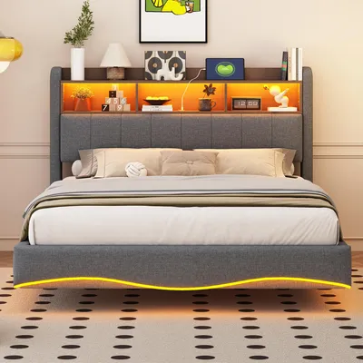 Image de OKWISH Lit Double 140x200 cm - Lit Suspendu avec LED et Ports USB/Type-C, Rangement Tête de Lit, Tissu, Sans Matelas - Gris