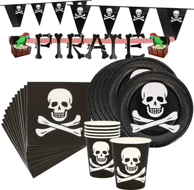 Productafbeelding van COM-FOUR® Partybordenset, 27-delig - Beker, borden, servetten, slingers - voor piratenfeest, kinderfeestje en Halloween