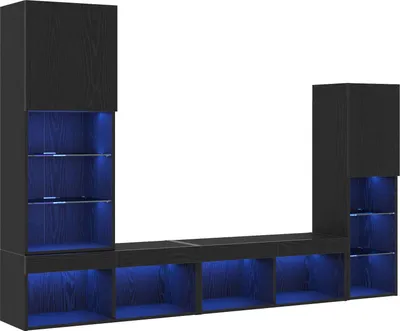 A modular black TV cabinet unit with integrated blue LED lighting.