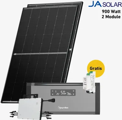 Produktbild von 900 Watt, Bifazial Komplettset, Balkonkraftwerk, Hoymiles HiBattery 1920 AC, 4 x Zusatzbatterie, AC-Anschlusskabel