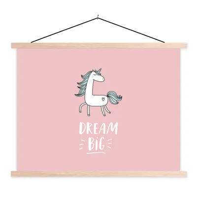 Produktbild von MuchoWow® Textilposter Einhorn - Kinder - Zitate - Große Träume - Mädchen - Rosa 60x45 cm mit holzfarbenen Rahmen - Bild