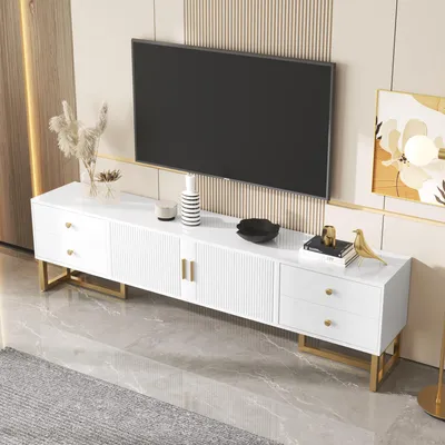 Image de OKWISH Meuble TV Moderne avec 2 Portes et 4 Tiroirs, Meuble Bas Contemporain avec Poignées Métalliques Dorées - MDF - Blanc - 175x30x46 cm