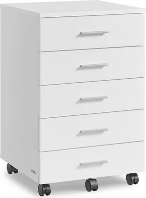 A white rolling cabinet with five drawers.