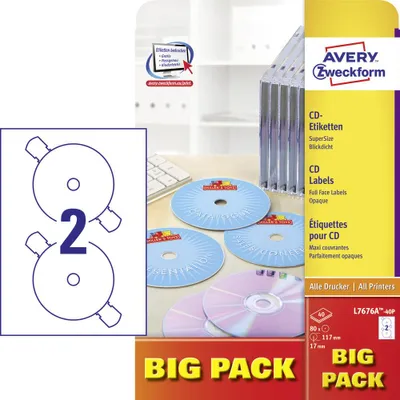 Produktbild von Avery Zweckform L7676A-40P, CD-Etiketten SuperSize, A4, ? 117 mm, 80 Etiketten / 40 Bögen, weiß