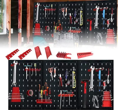 Obrázek produktu pro ACXIN Třídílná stěna na nářadí - Děrovaná kovová stěna na nářadí - Sada 17 háčků - Velikost 120 x 60 x 2 cm - Děrovaná stěna do dílny (2 sady)