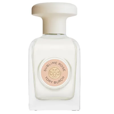 A clear, professional studio shot of a Tory Burch Sublime Rose Eau de Parfum bottle against a white background.