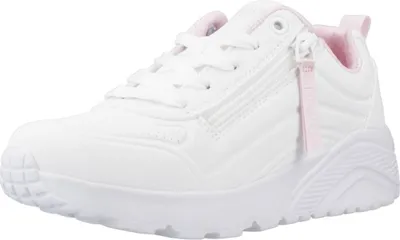 A white Skechers Umo Lite sports shoe with pink accents is shown from the side against a white background.