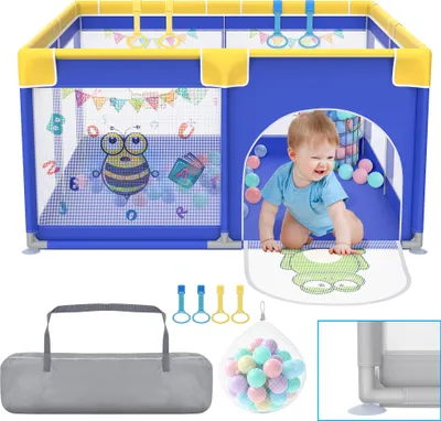 Image de LZQ Parc bébé 127x127cm, Barrière de sécurité bébé avec filet respirant et porte zippée, Aire de jeux sécurité enfant, Antidérapant Bébé Playpen, Bleu avec motifs d'animaux